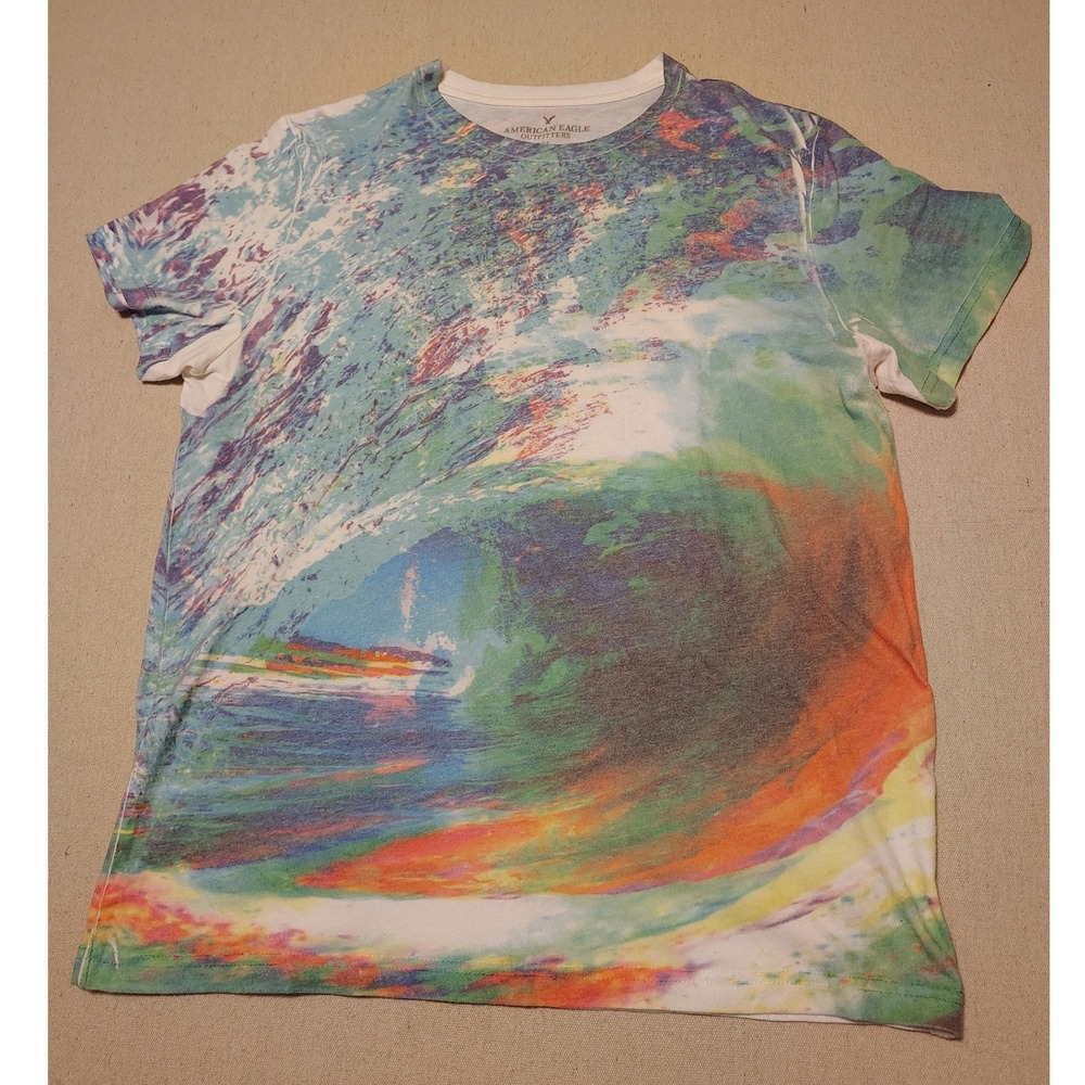 American Eagle Outfitters Mens Large All Over Wave Print Graphic T-Shirt Multi Q